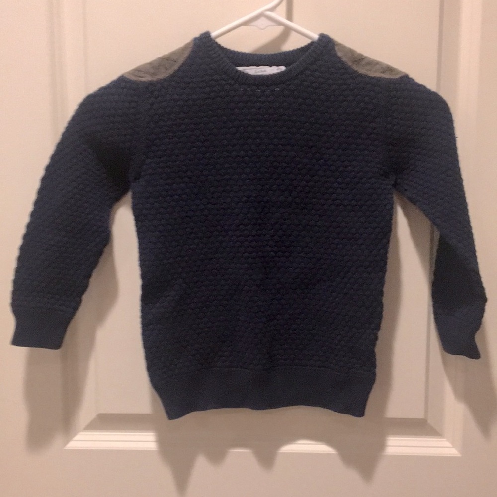 Zara boys Knitwear pullover crewneck sweater w/ brown shoulder appliqué 4-5 yrs